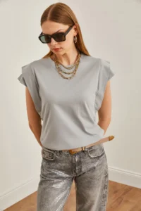 Olalook Women's Dolphin Gray Sleeve Detailed Cotton T-Shirt - Image 3