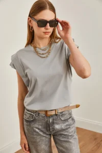 Olalook Women's Dolphin Gray Sleeve Detailed Cotton T-Shirt - Image 4