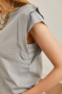 Olalook Women's Dolphin Gray Sleeve Detailed Cotton T-Shirt - Image 5