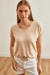 Olalook Women's Beige V-Neck Bat Knitted Viscose T-Shirt - Image 2