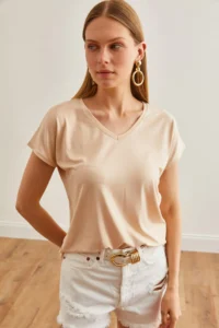 Olalook Women's Beige V-Neck Bat Knitted Viscose T-Shirt - Image 3