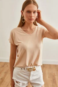 Olalook Women's Beige V-Neck Bat Knitted Viscose T-Shirt - Image 4
