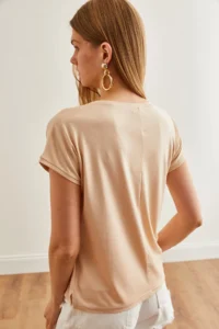 Olalook Women's Beige V-Neck Bat Knitted Viscose T-Shirt - Image 5