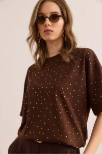 Olalook Women's Bitter Coffee Print Stone Detailed Regular Fit T-Shirt