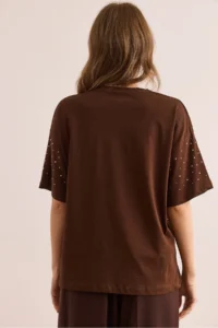 Olalook Women's Bitter Coffee Print Stone Detailed Regular Fit T-Shirt - Image 2