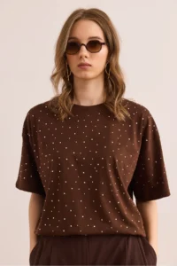 Olalook Women's Bitter Coffee Print Stone Detailed Regular Fit T-Shirt - Image 3