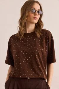 Olalook Women's Bitter Coffee Print Stone Detailed Regular Fit T-Shirt - Image 4