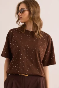 Olalook Women's Bitter Coffee Print Stone Detailed Regular Fit T-Shirt - Image 5