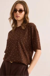 Olalook Women's Bitter Coffee Print Stone Detailed Regular Fit T-Shirt - Image 6