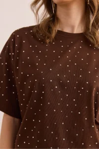 Olalook Women's Bitter Coffee Print Stone Detailed Regular Fit T-Shirt - Image 7