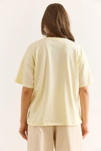 Olalook Women's Yellow Print Stone Detailed Regular Fit T-Shirt - Image 2