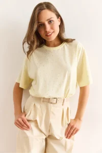 Olalook Women's Yellow Print Stone Detailed Regular Fit T-Shirt - Image 3