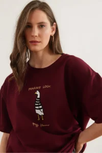 Olalook Women's Claret Red Marine Embroidered Comfortable T-Shirt