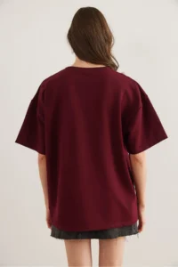 Olalook Women's Claret Red Marine Embroidered Comfortable T-Shirt - Image 2