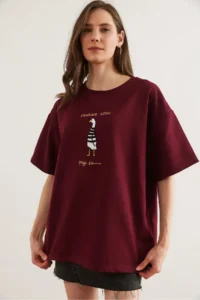Olalook Women's Claret Red Marine Embroidered Comfortable T-Shirt - Image 3