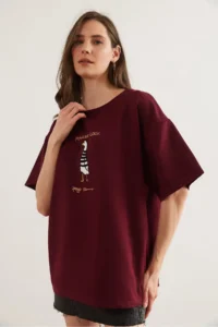 Olalook Women's Claret Red Marine Embroidered Comfortable T-Shirt - Image 4