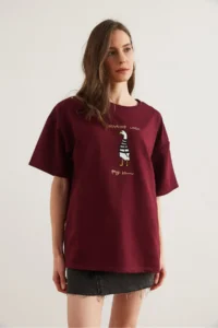 Olalook Women's Claret Red Marine Embroidered Comfortable T-Shirt - Image 5