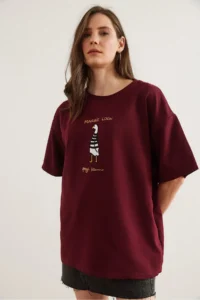 Olalook Women's Claret Red Marine Embroidered Comfortable T-Shirt - Image 6