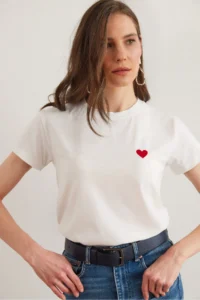 Olalook Women's Ecru Flame Heart Embroidered Short Sleeve T-Shirt