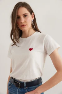 Olalook Women's Ecru Flame Heart Embroidered Short Sleeve T-Shirt - Image 5