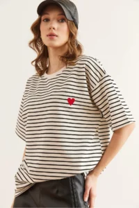 Olalook Women's Black Heart Embroidered Striped Comfortable T-Shirt - Image 2