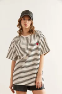 Olalook Women's Black Heart Embroidered Striped Comfortable T-Shirt - Image 4
