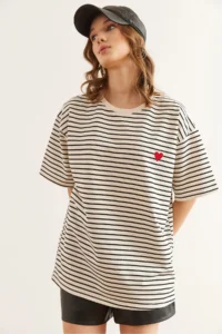 Olalook Women's Black Heart Embroidered Striped Comfortable T-Shirt - Image 5