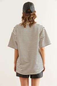 Olalook Women's Black Heart Embroidered Striped Comfortable T-Shirt - Image 6