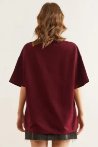 Olalook Women's Claret Red Embroidery Detailed Comfortable T-Shirt - Image 2