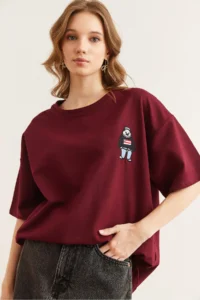 Olalook Women's Claret Red Embroidery Detailed Comfortable T-Shirt - Image 3