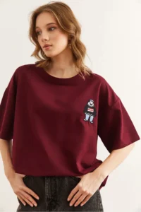 Olalook Women's Claret Red Embroidery Detailed Comfortable T-Shirt - Image 4