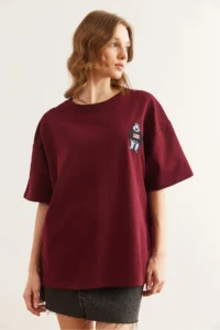 Olalook Women's Claret Red Embroidery Detailed Comfortable T-Shirt - Image 5
