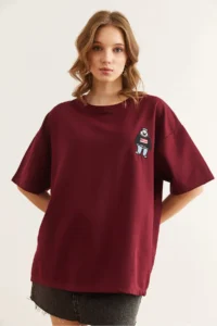 Olalook Women's Claret Red Embroidery Detailed Comfortable T-Shirt - Image 6