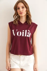Olalook Women's Burgundy Armpit Piece Hooded Cotton T-Shirt - Image 2