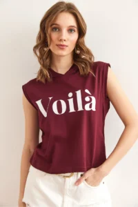 Olalook Women's Burgundy Armpit Piece Hooded Cotton T-Shirt - Image 3