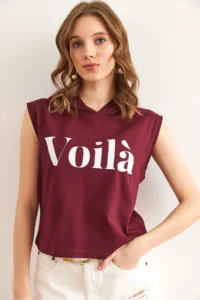 Olalook Women's Burgundy Armpit Piece Hooded Cotton T-Shirt - Image 4