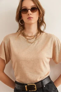 Olalook Women's Beige Flared Loose Crew Neck Crop T-Shirt