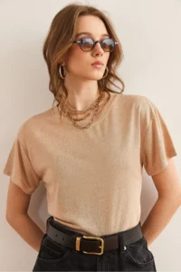 Olalook Women's Beige Flared Loose Crew Neck Crop T-Shirt - Image 3