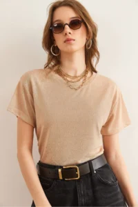 Olalook Women's Beige Flared Loose Crew Neck Crop T-Shirt - Image 4