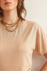 Olalook Women's Beige Flared Loose Crew Neck Crop T-Shirt - Image 5