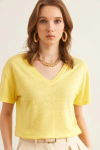 Olalook Women Yellow Flared V-neck Crop T-Shirt TSH- - Image 3