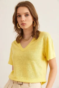 Olalook Women Yellow Flared V-neck Crop T-Shirt TSH- - Image 4