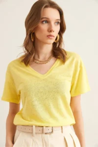 Olalook Women Yellow Flared V-neck Crop T-Shirt TSH- - Image 5