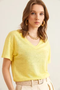 Olalook Women Yellow Flared V-neck Crop T-Shirt TSH- - Image 6