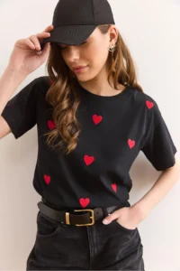 Olalook Women's Black Heart Embroidered Cotton Regular Fit T-Shirt
