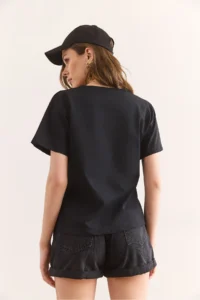 Olalook Women's Black Heart Embroidered Cotton Regular Fit T-Shirt - Image 2