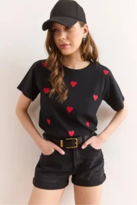 Olalook Women's Black Heart Embroidered Cotton Regular Fit T-Shirt - Image 3