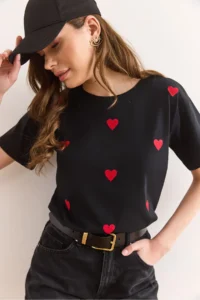 Olalook Women's Black Heart Embroidered Cotton Regular Fit T-Shirt - Image 4