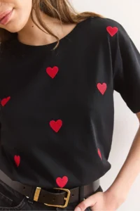 Olalook Women's Black Heart Embroidered Cotton Regular Fit T-Shirt - Image 5