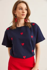 Olalook Women's Navy Blue Heart Embroidered Cotton Regular Fit T-Shirt - Image 2